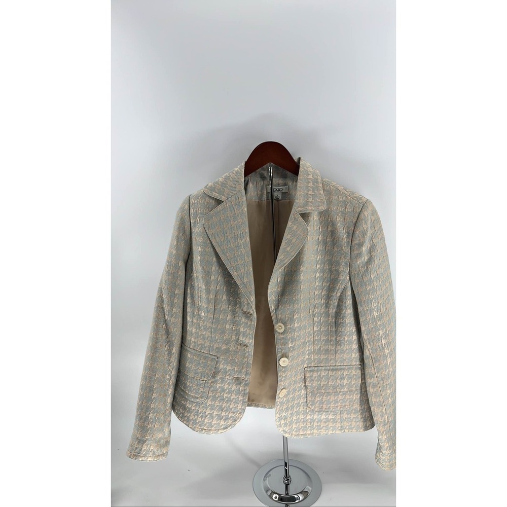 Cato Women's‎ Size 12 Blue Beige Jacquard Houndstooth Blazer